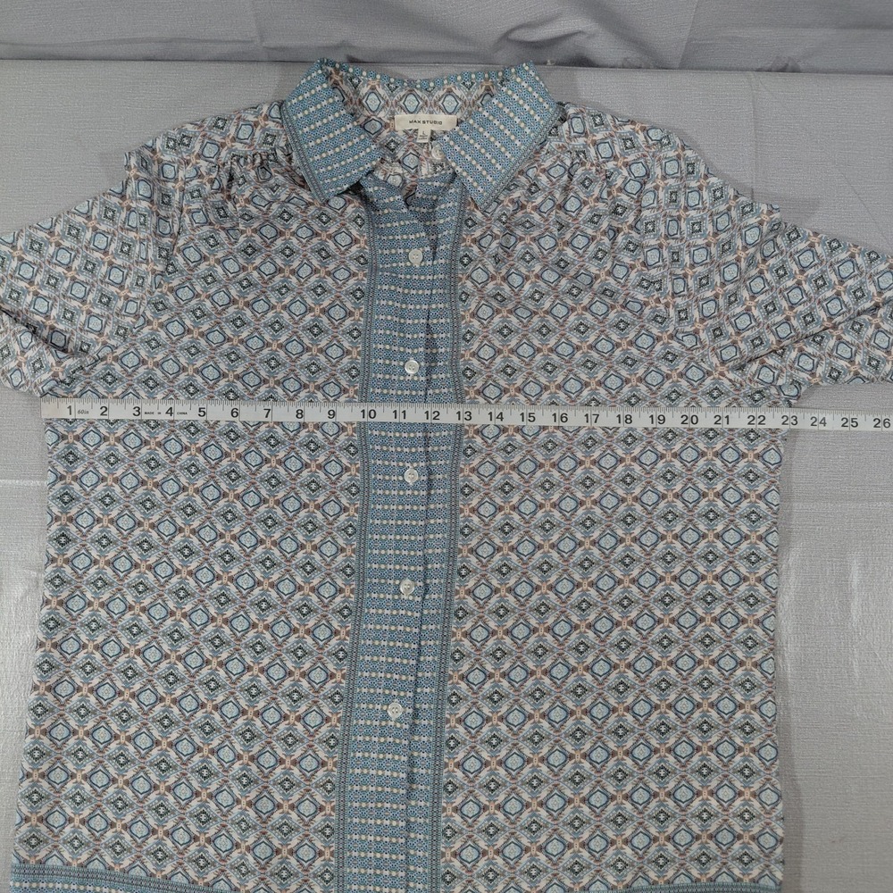 Max Studio Semi Sheer Chiffon Button Up Long Sleeve Blouse LG Geometric Blue - Picture 8 of 10